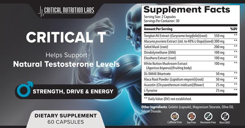 The list of ingredients of Critical T. Supplement Facts
Serving Size: 2 Capsules,
Servings Per Container: 30,
Amount Per Serving: Tongkat Ali Extract (Eurycoma longifolia) (root): 550 mg, Mucuna pruriens Extract (std. to 40% L-Dopa) (seed): 300 mg,
Safed Musli (root): 200 mg, Diindolylmethane (DIM): 100 mg, Eleuthero Extract (root): 100 mg, White Button Mushroom Extract (Agaricus bisporus) (fruiting body): 100 mg, DL-DMAE
Bitartrate: 50 mg, Maca Root Powder (Lepidium meyenii) (root): 50 mg, Apigenin (Chrysanthemum indicum) (flower): 25 mg, L-Tyrosine: 25 mg.
Other Ingredients: Gelatin (capsule), Magnesium Stearate, Olive Oil, Silicon Dioxide.

